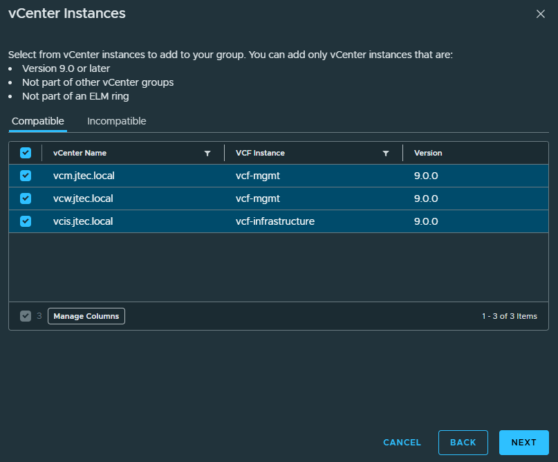 vCenter Instances dialog with three compatible version 9.0.0 vCenters selected from the management and infrastructure VCF instances.