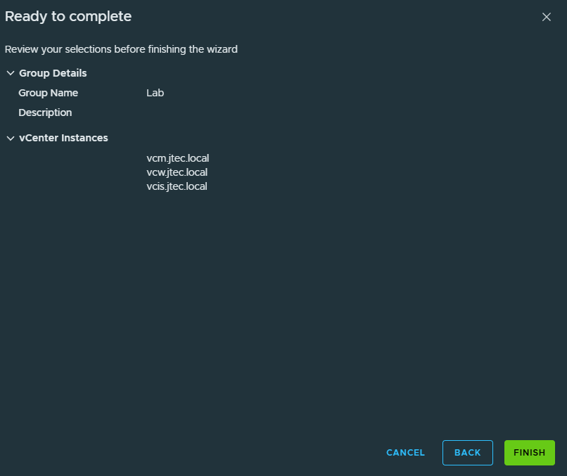 Ready-to-complete summary for the Lab vCenter group lists three selected vCenter instances.