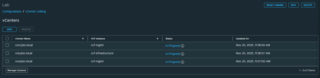 Lab vCenter group status table shows all three vCenters with linking In Progress.
