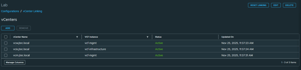 Lab vCenter group status table shows all three linked vCenters Active.