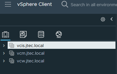 vSphere Client inventory displays the three linked vCenter instances in one navigation view.