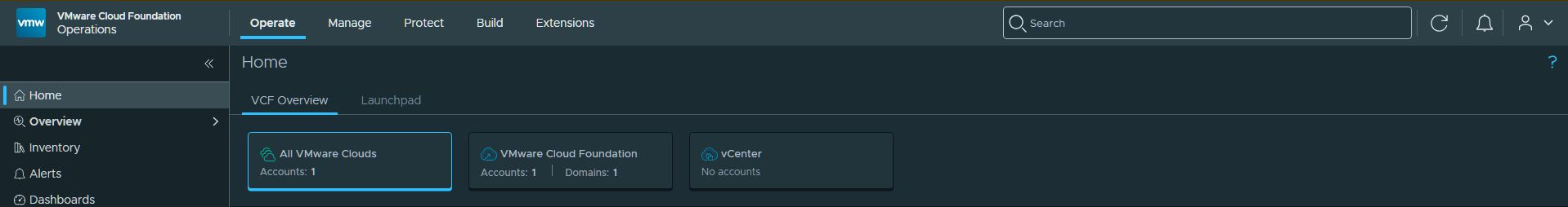 The VCF Operations Home page after login.