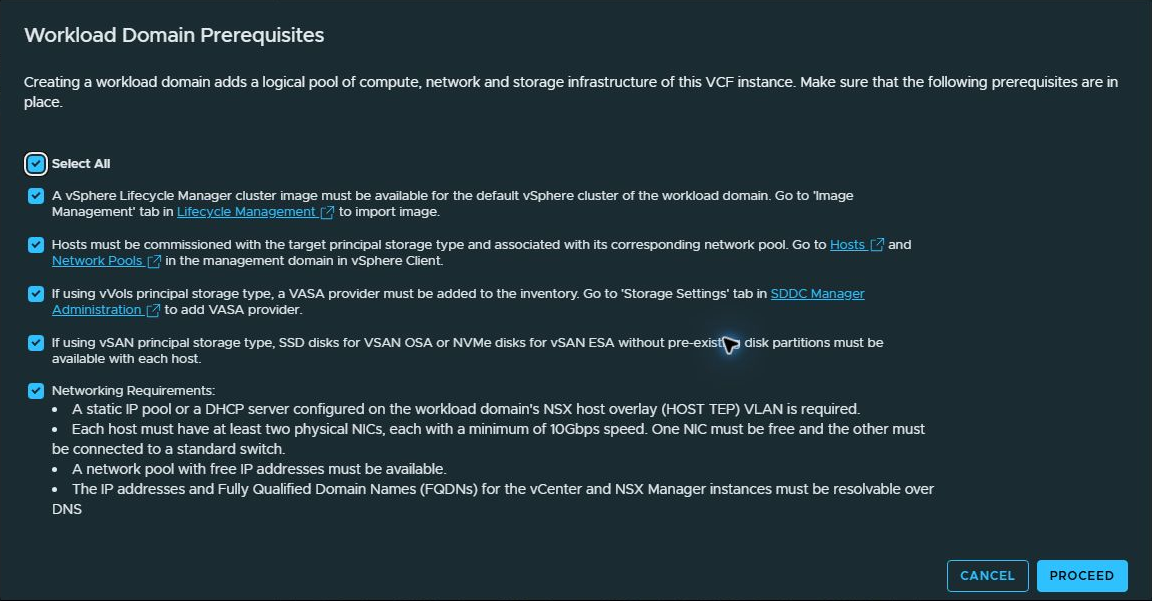 Workload Domain Prerequisites acknowledged, with Proceed enabled.