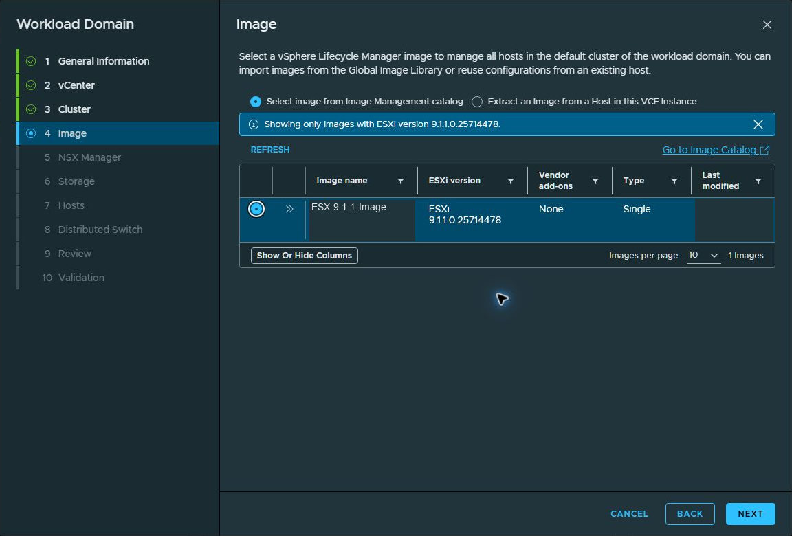 A compatible ESXi image selected from the Image Management catalog.