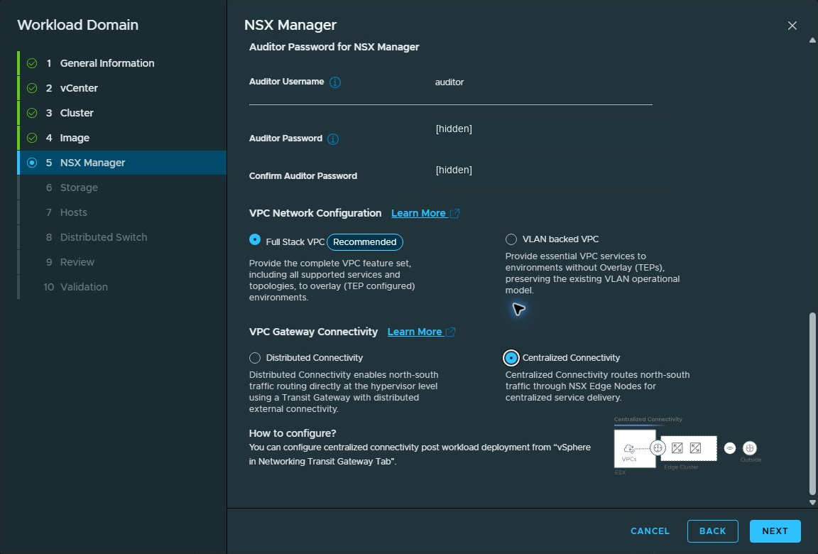 Full Stack VPC and Centralized Connectivity selected for the workload domain.