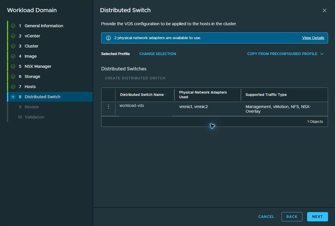 The custom distributed switch summary, using a generic switch name.