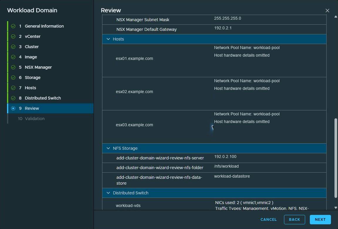 Review summary with generic hostnames, network details, and storage identifiers.