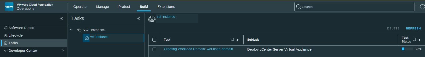 Workload-domain creation is in progress in the VCF Operations Tasks view.