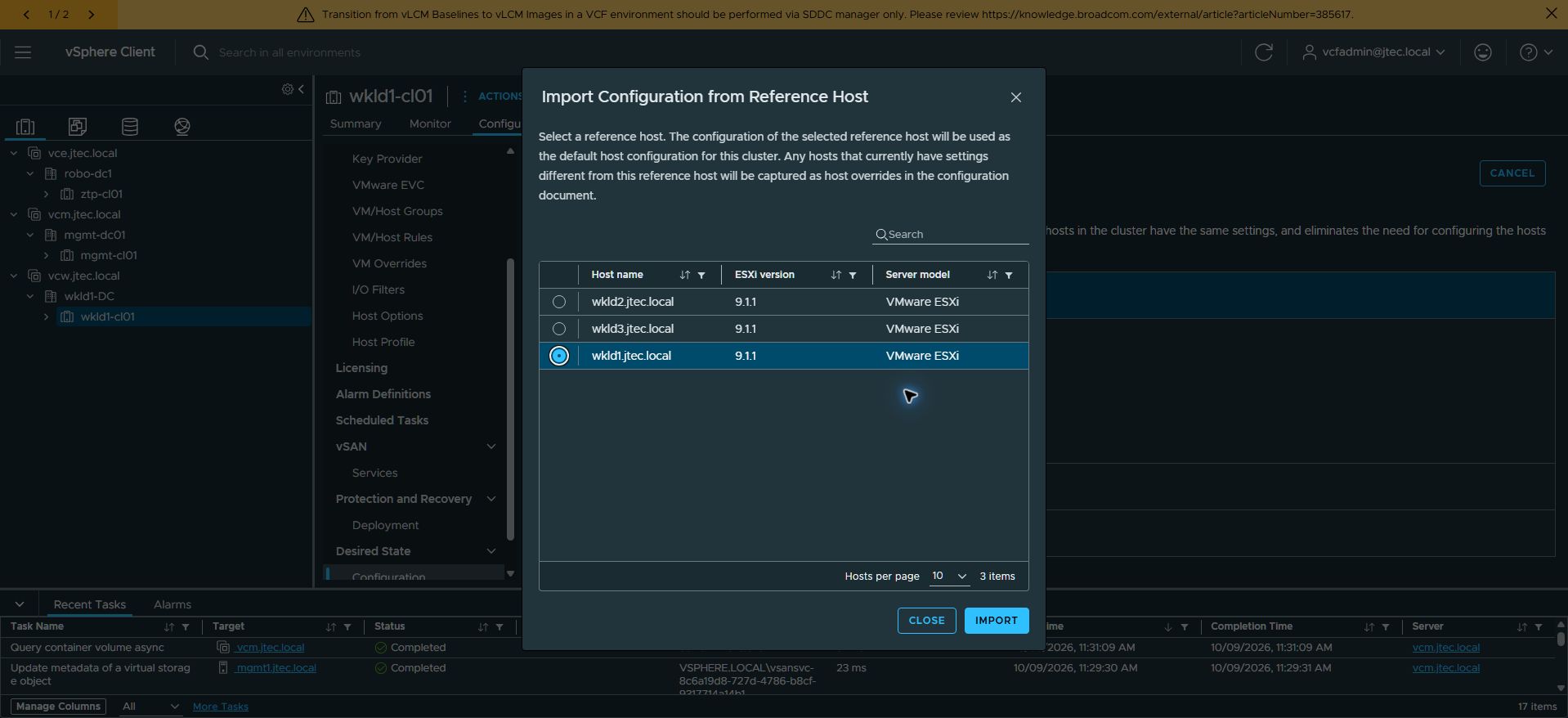 Select wkld1.jtec.local as the reference host, then select Import.
