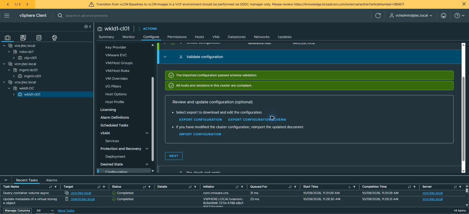 Schema validation passed and all hosts and solutions are compliant.