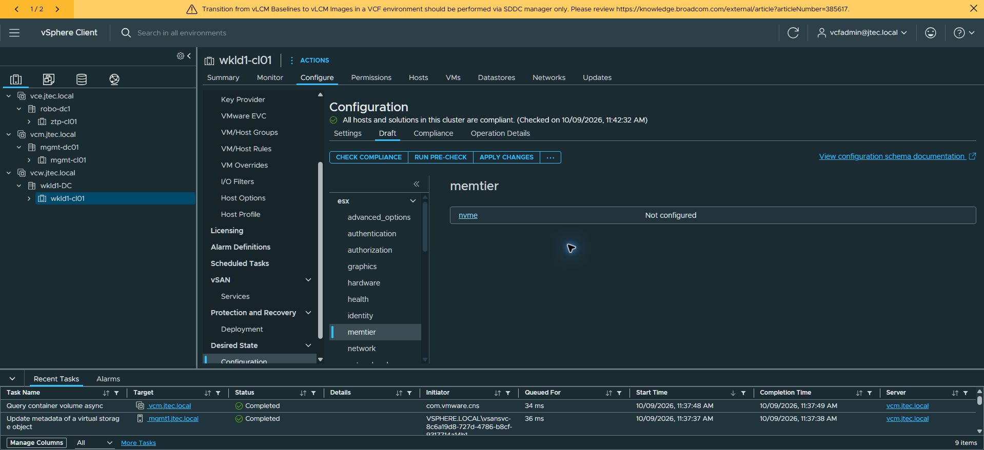 Select memtier; its nvme setting is initially not configured.