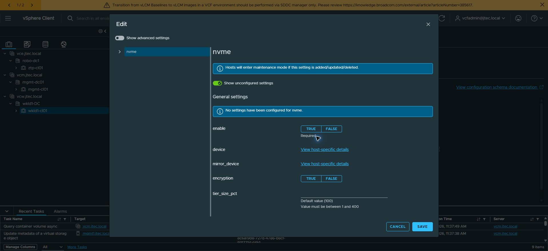 The Edit dialog exposes enable, device, mirror_device, encryption, and tier_size_pct.