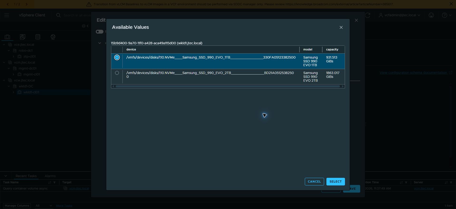 For wkld1, select the Samsung SSD 990 EVO 1TB device, shown as 931.513 GiB.