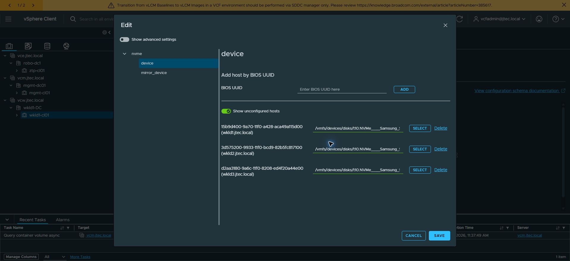 Primary NVMe device paths are populated for all three workload hosts.
