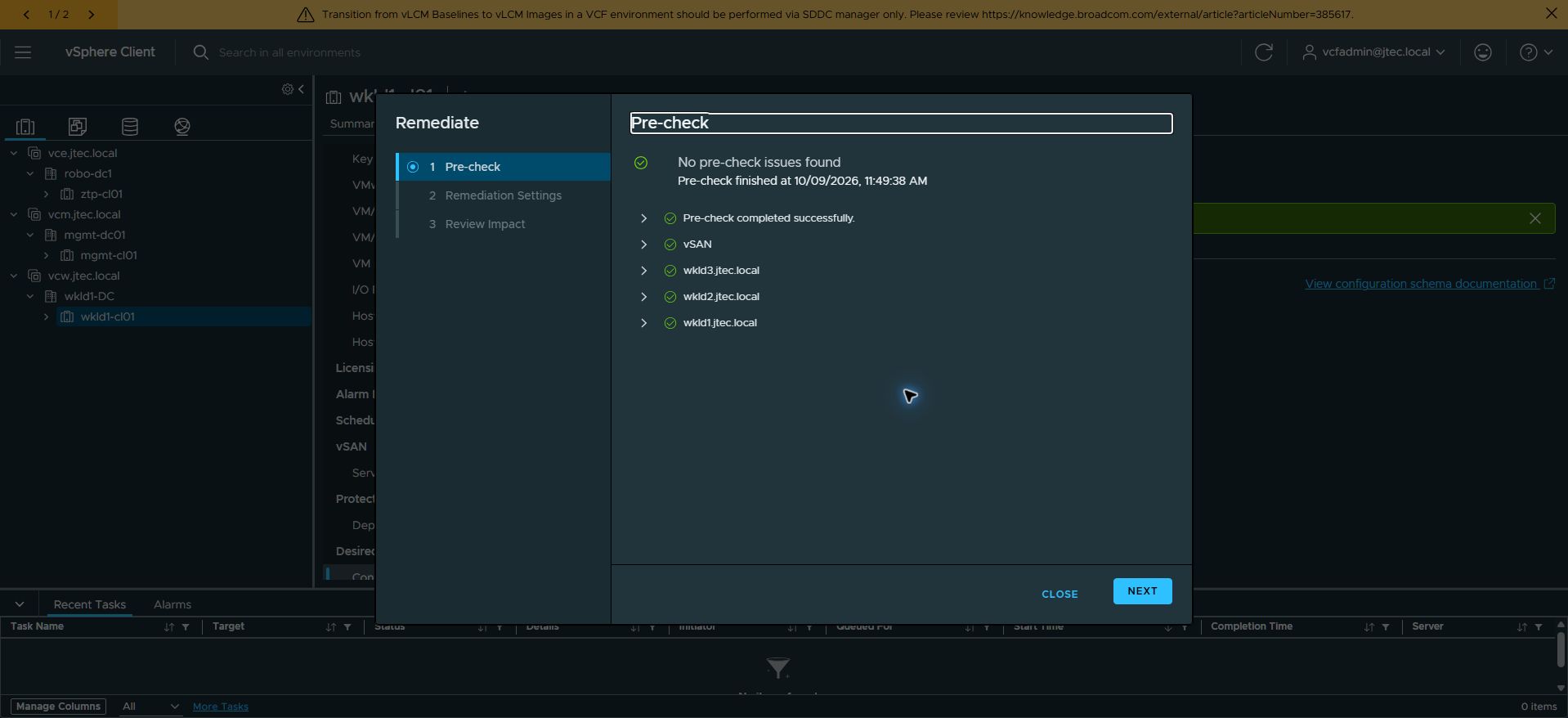 The remediation wizard precheck passed for vSAN and all three hosts.
