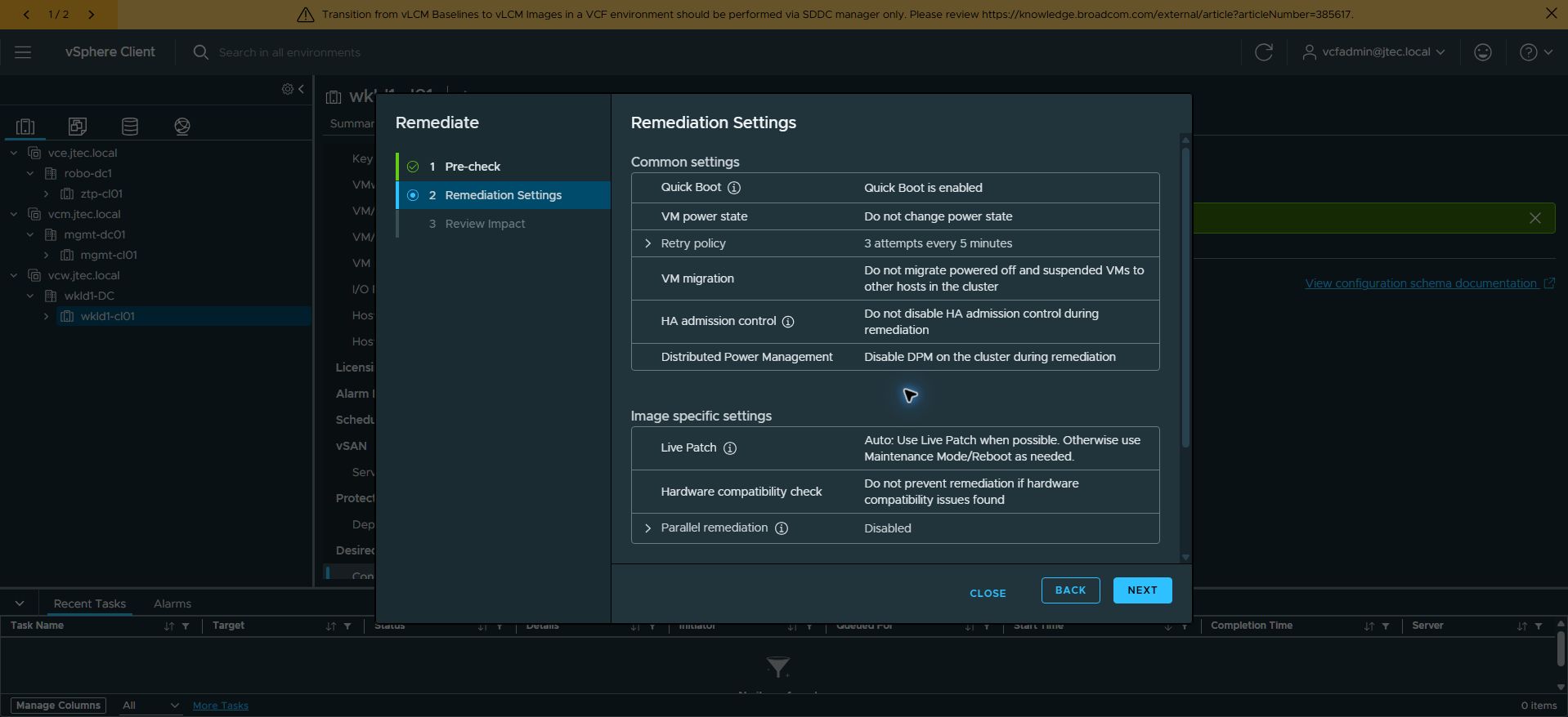 Review remediation settings, including retries and sequential host processing.