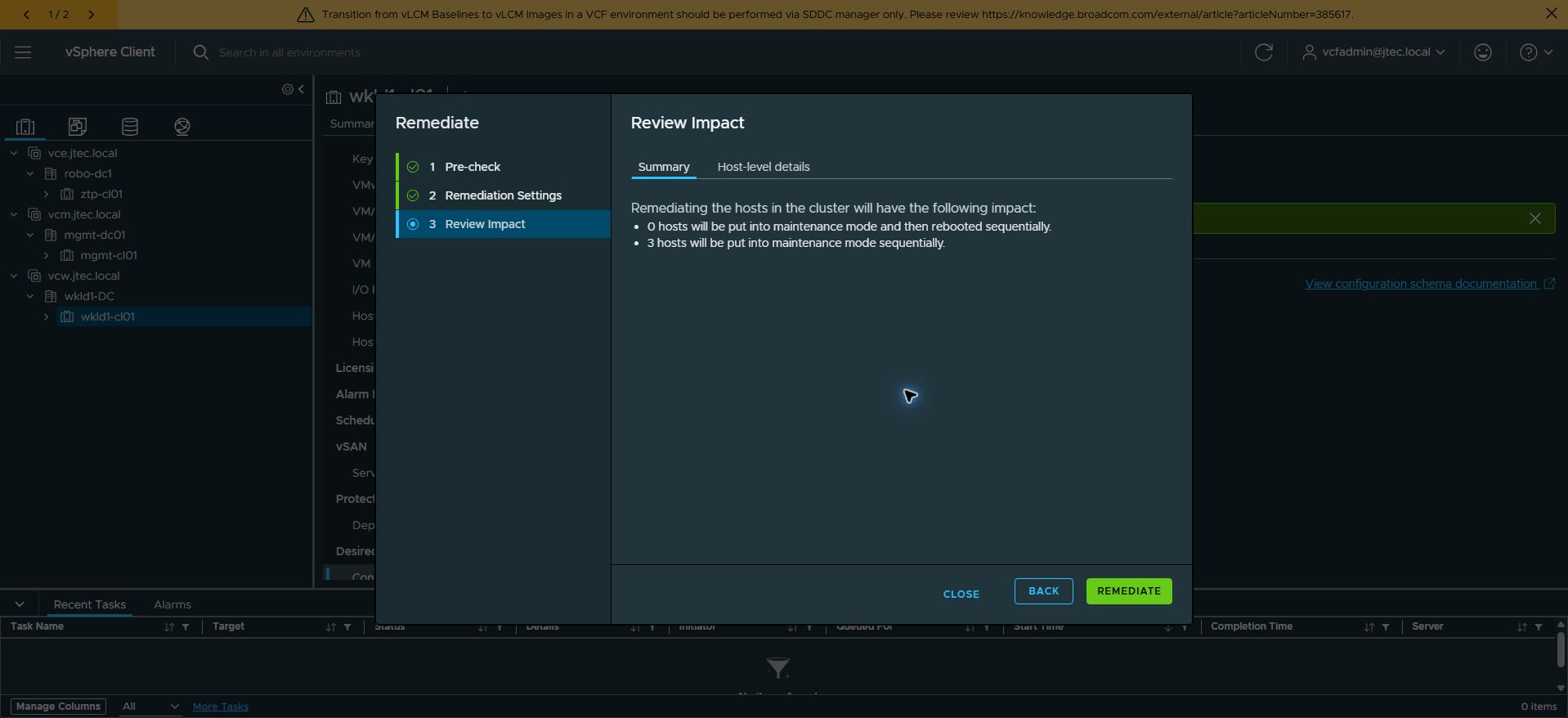 Review Impact shows three hosts entering maintenance mode sequentially and zero requiring reboot.