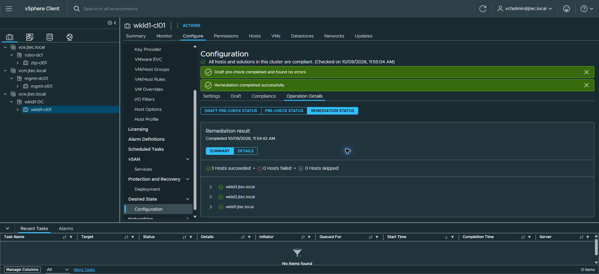 Remediation completed successfully on all three hosts; the fresh compliance check also passed.