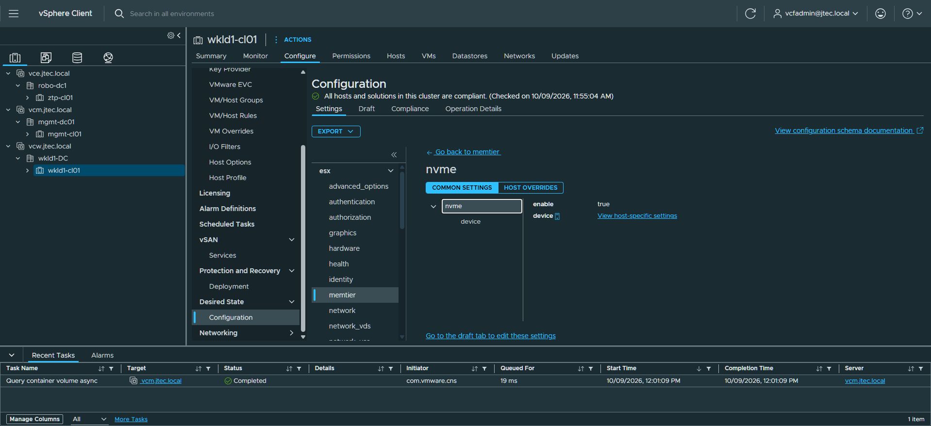 Applied NVMe Common Settings confirms enable = true and host-specific device assignments.