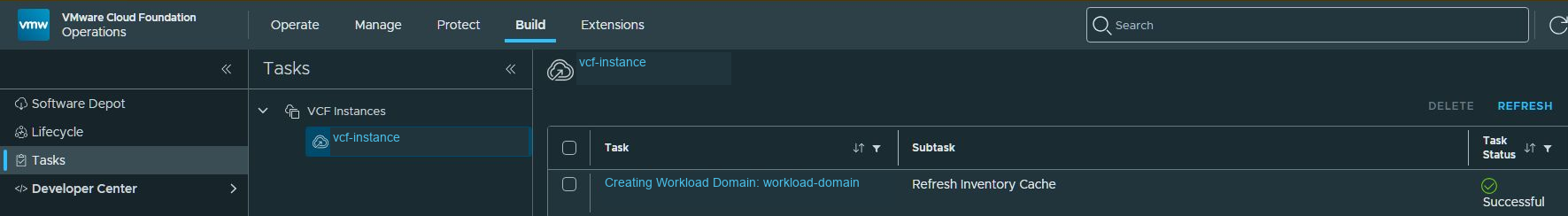 Creating Workload Domain task shows Successful in VCF Operations.