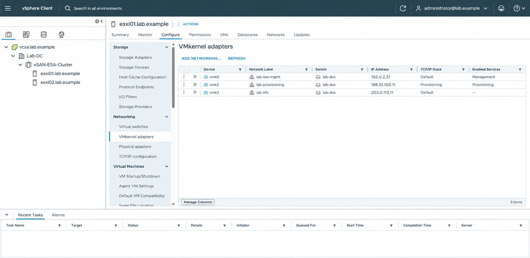 VMkernel adapters on the first data host in the two-node vSAN ESA cluster.