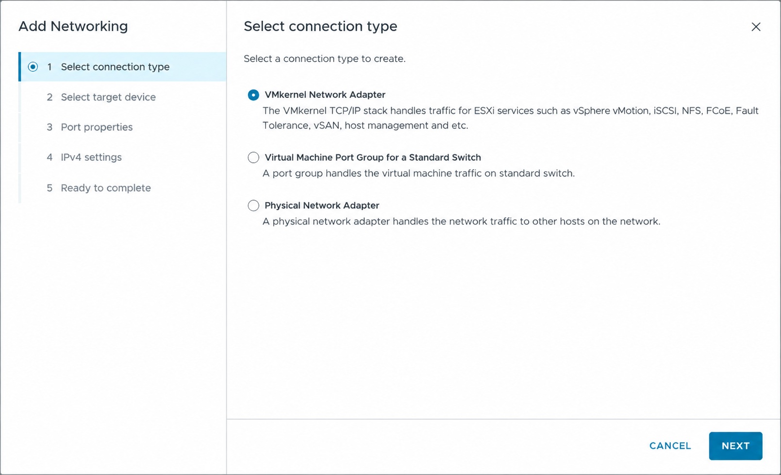 Select VMkernel Network Adapter.
