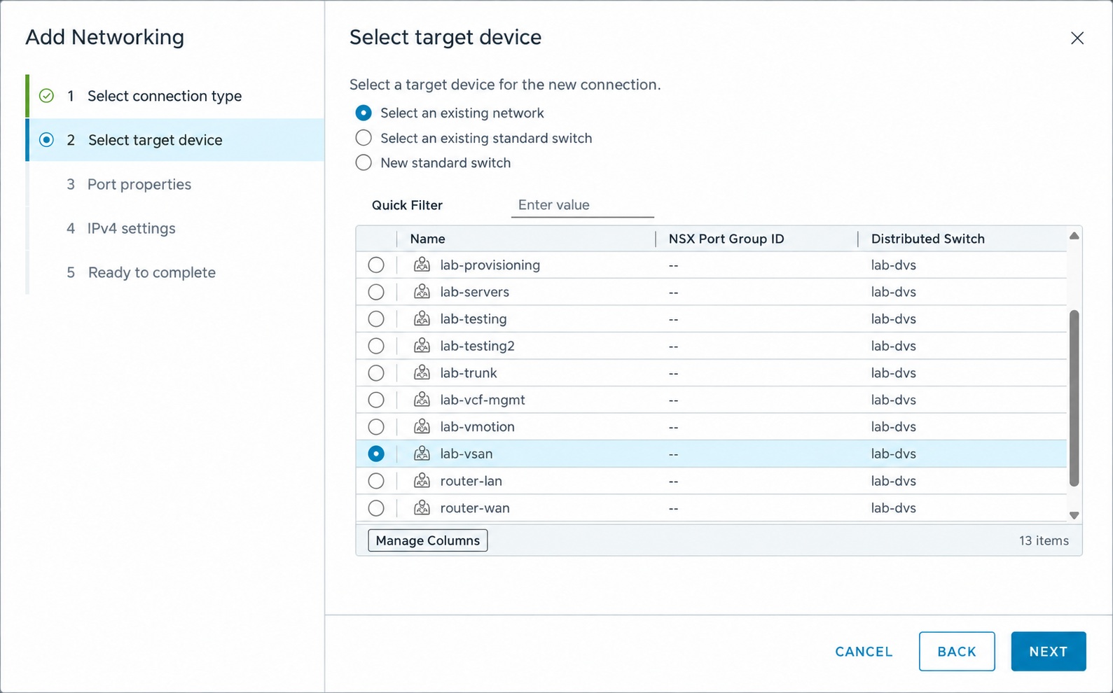 Select the vSAN distributed port group for the two-node vSAN ESA cluster.