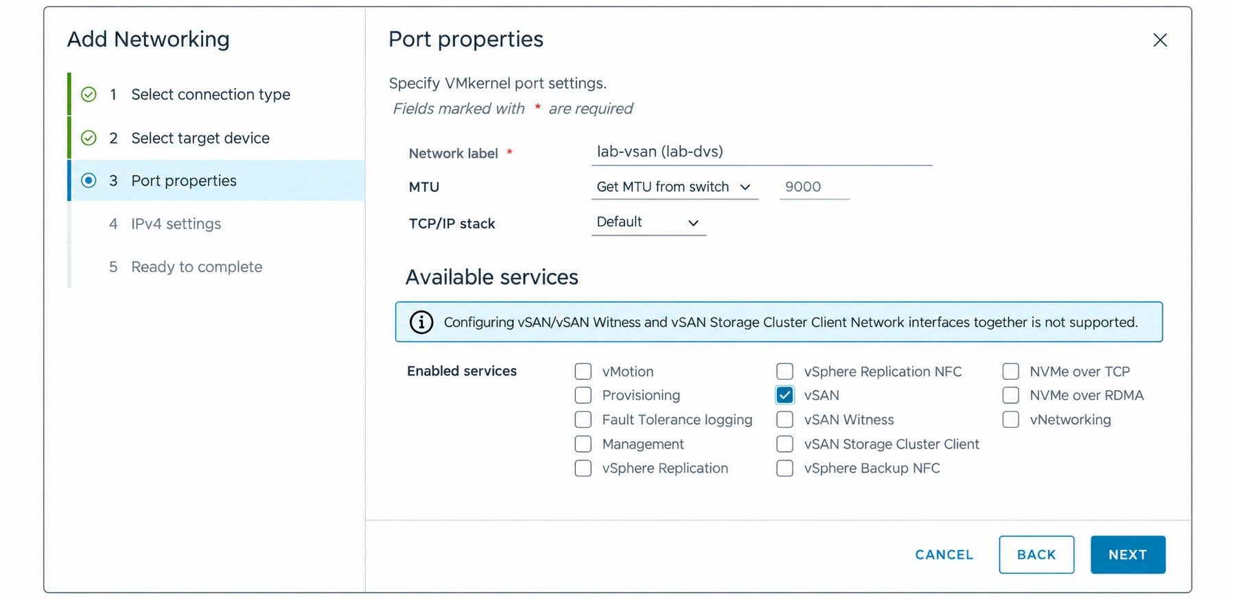 Enable vSAN traffic on a data-host VMkernel adapter for the two-node vSAN ESA cluster.