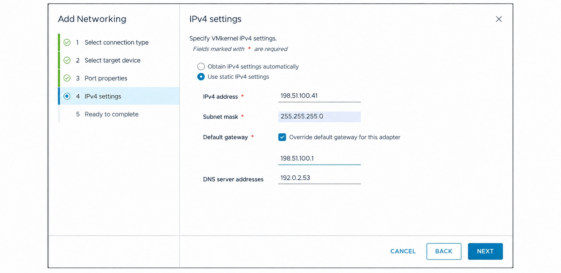 Example VMkernel IPv4 settings on a two-node vSAN ESA cluster data host.
