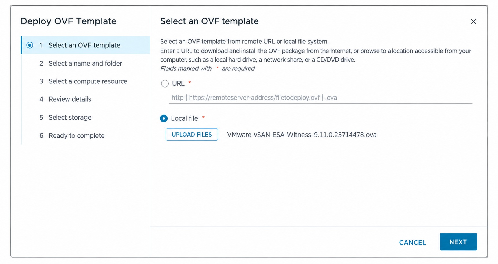 Select the vSAN ESA Witness Appliance OVA.