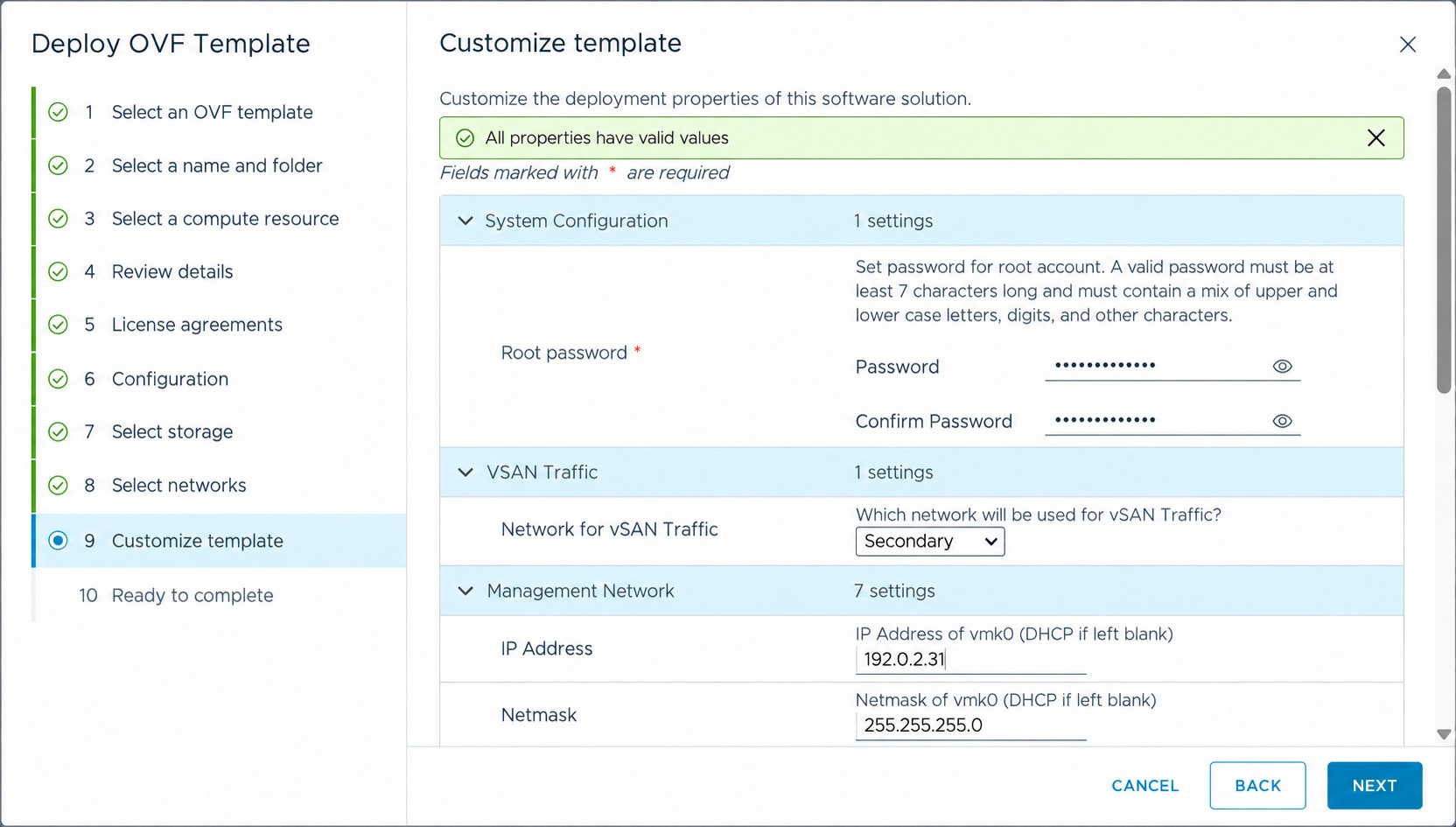 Configure the root password and management network; addresses are examples.