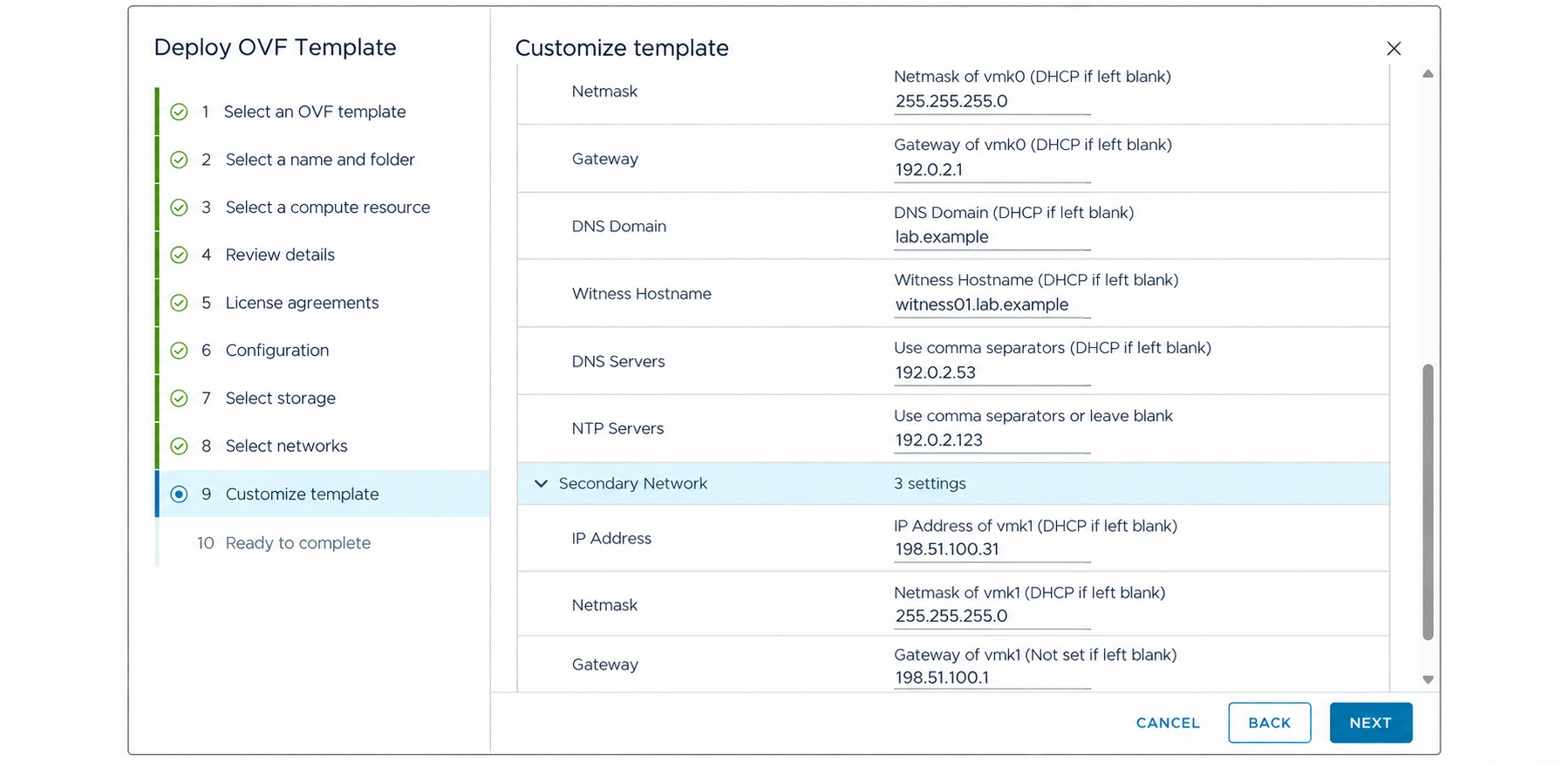 Complete management and secondary-network settings using separate subnet gateways.