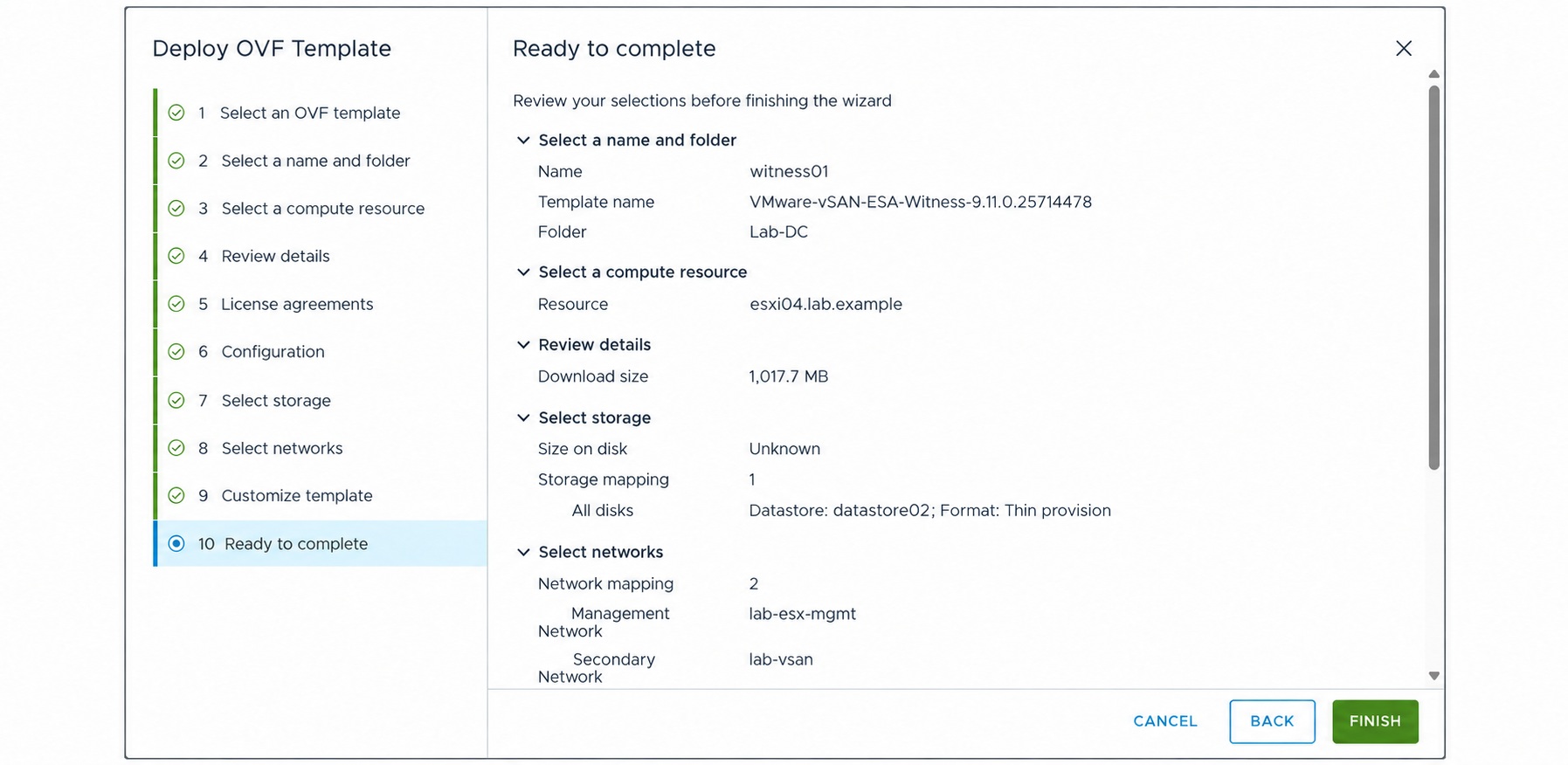 Review the OVA deployment configuration.