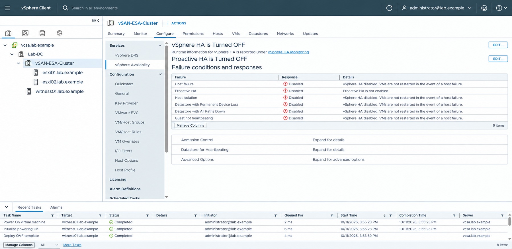 Confirm vSphere HA is off before configuring vSAN.