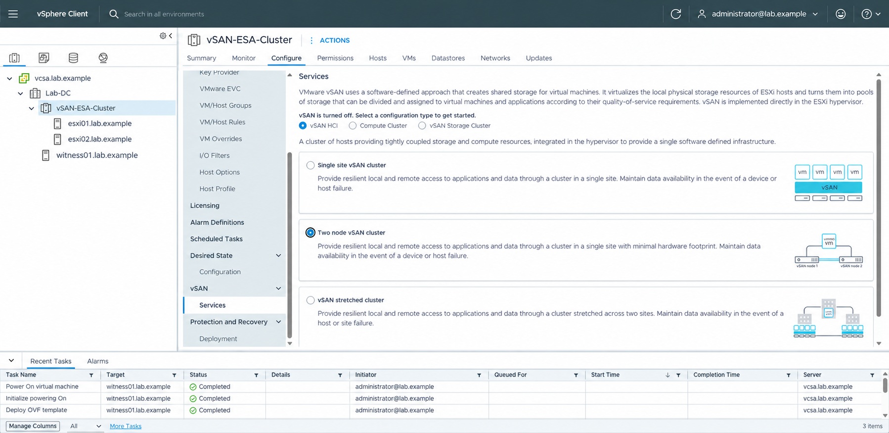 Choose the two-node vSAN cluster topology.