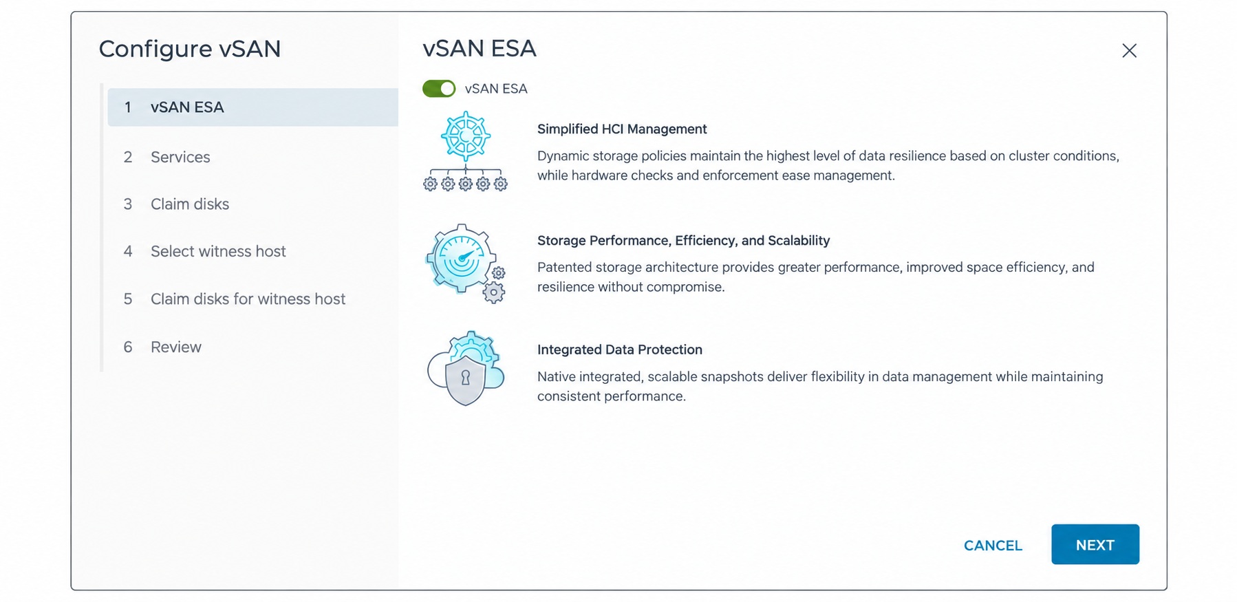 Enable ESA for the two-node vSAN ESA cluster.