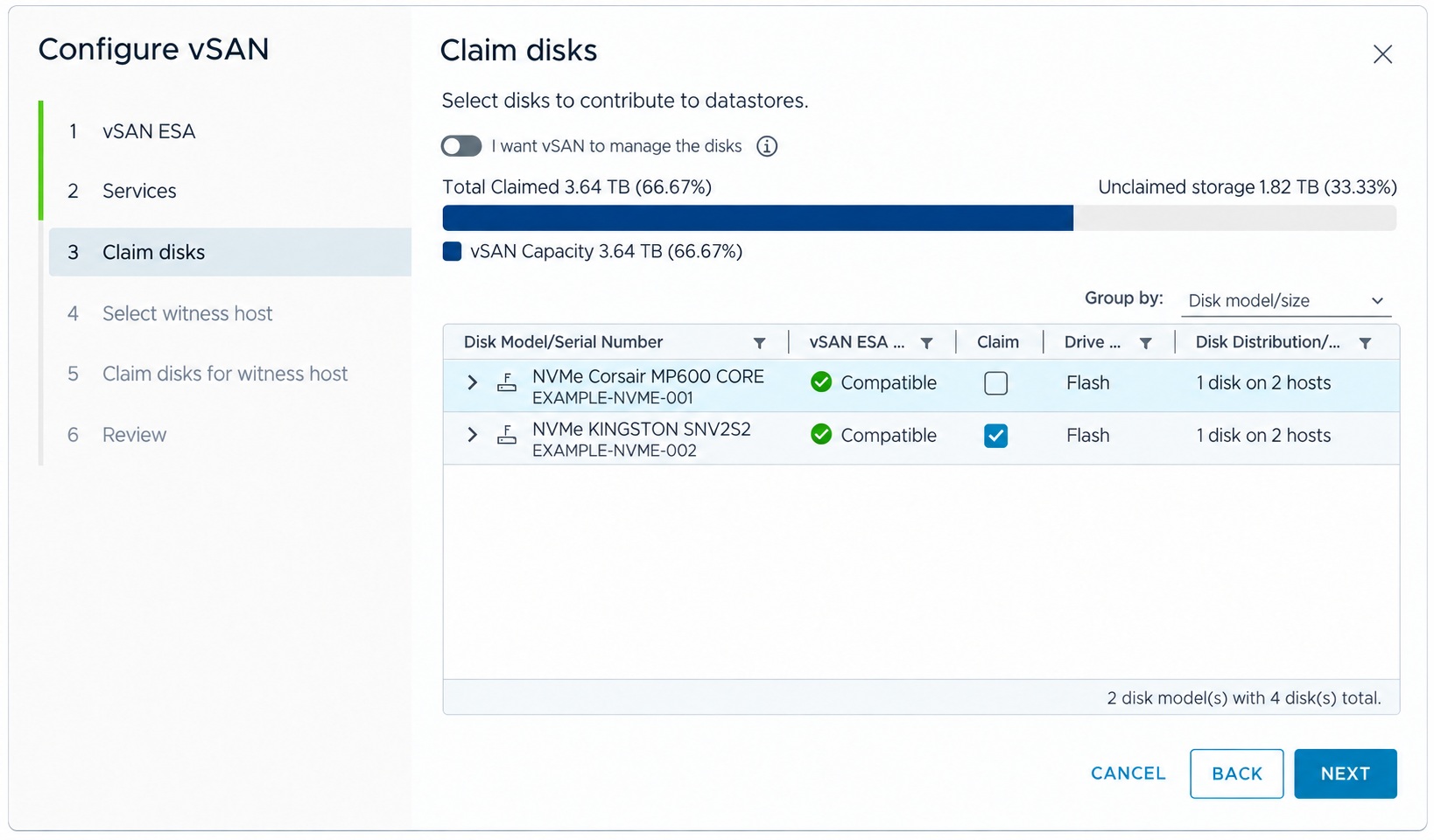 Manually claim storage disks for the two-node vSAN ESA cluster.