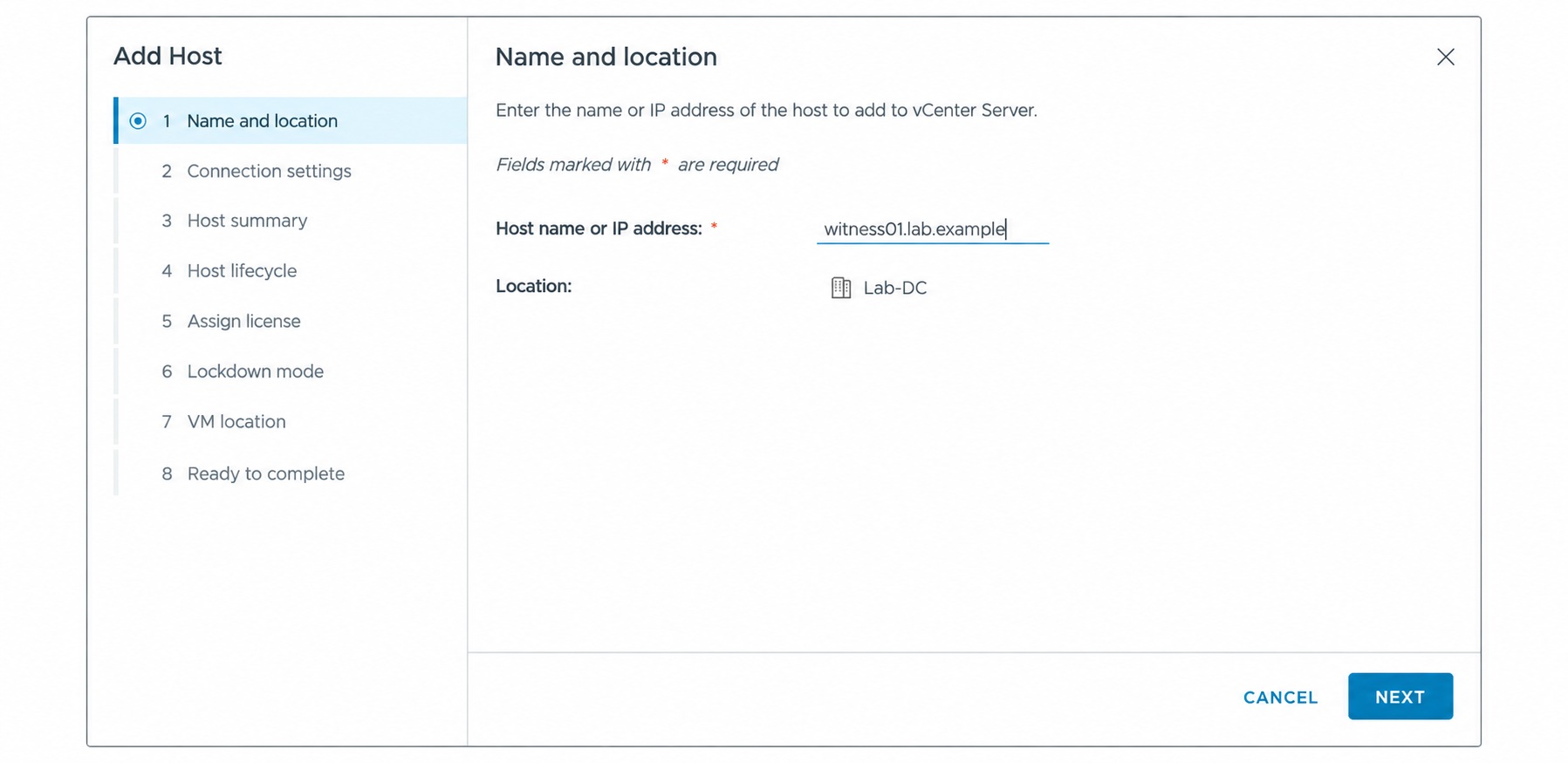 Add the witness appliance to the datacenter as a standalone host.
