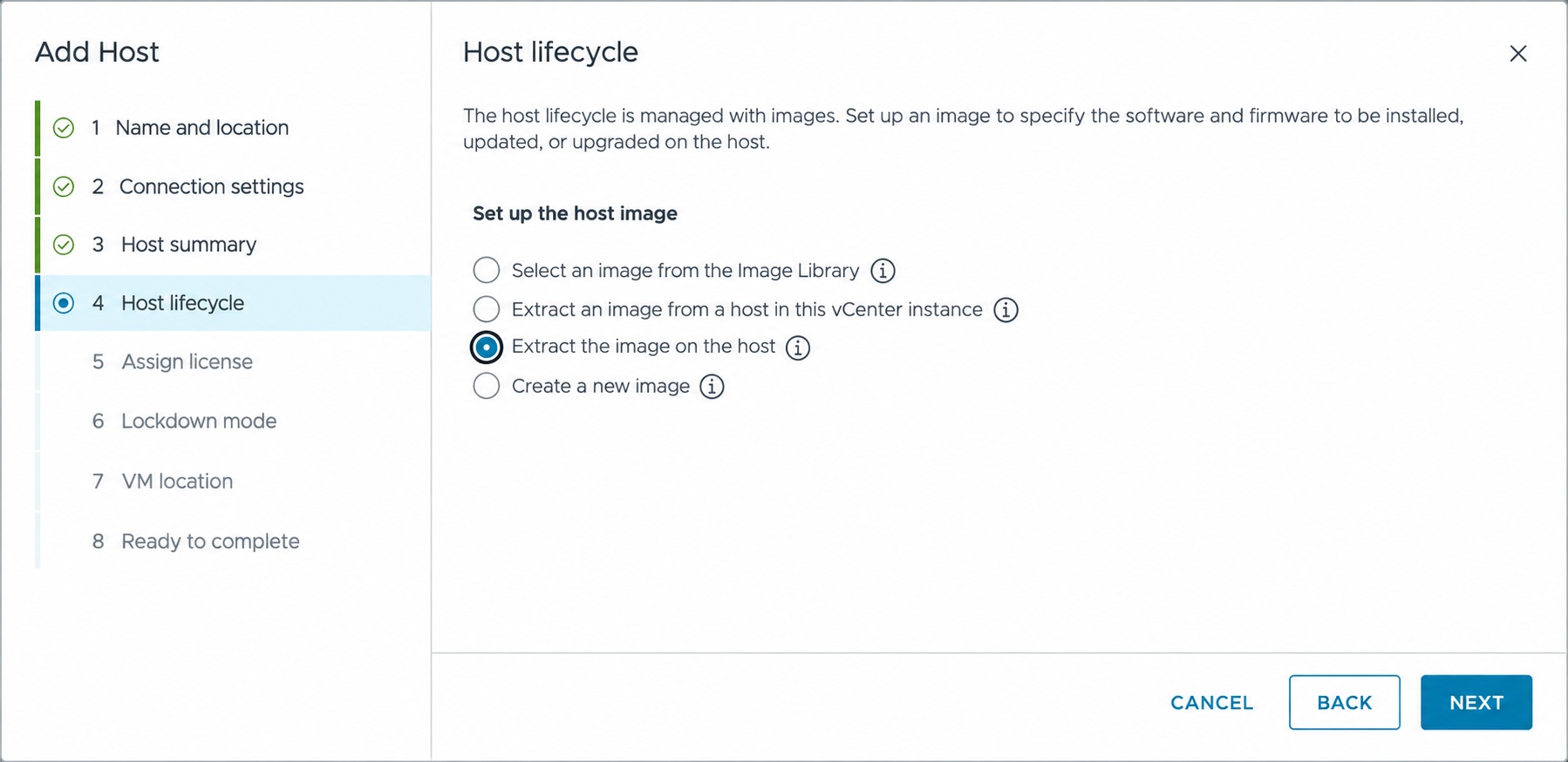 Select the host lifecycle image option.