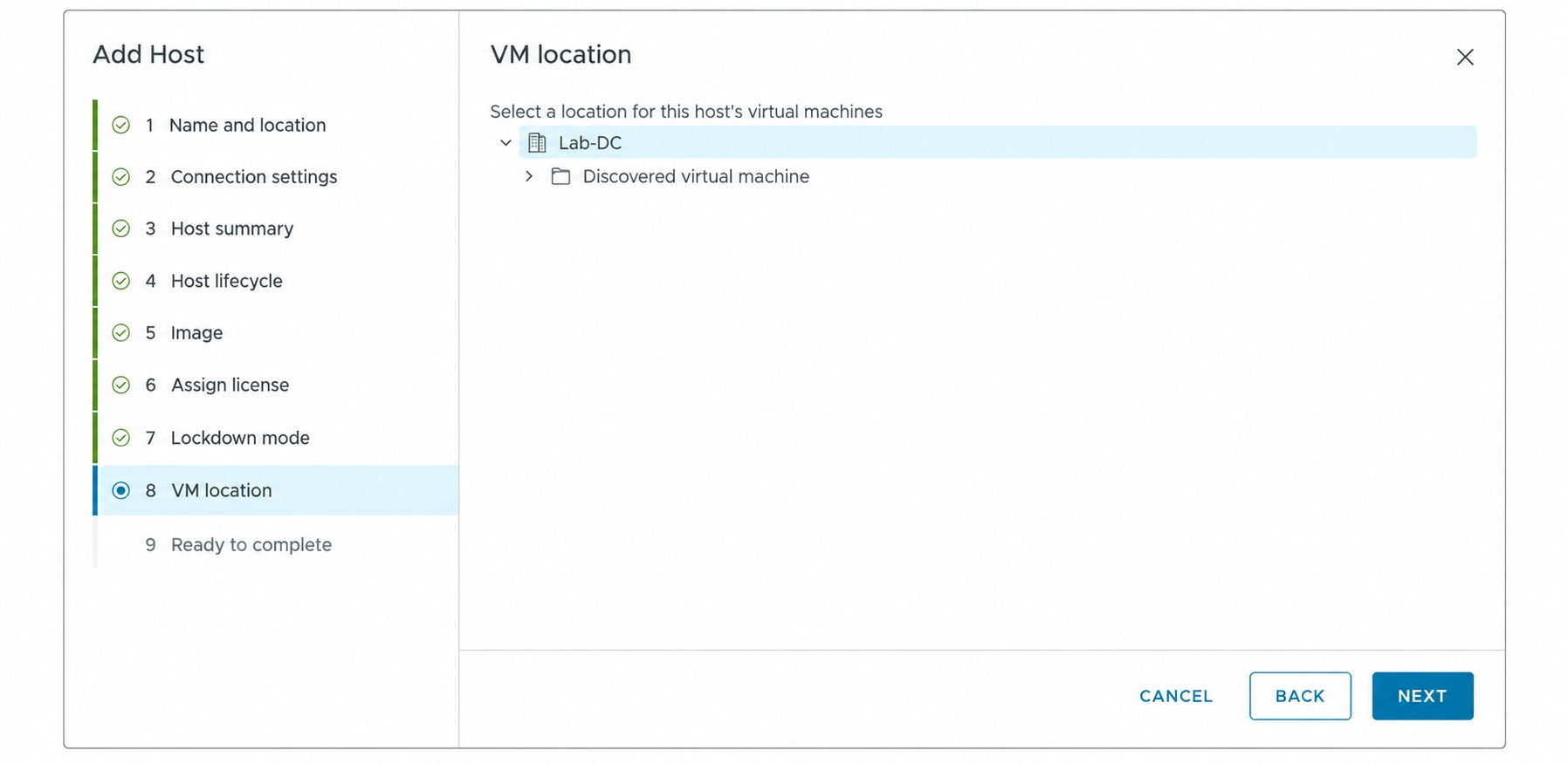 Select the VM inventory location.