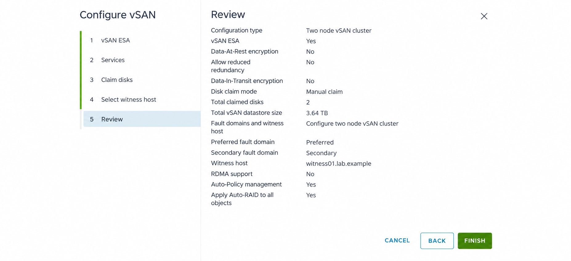 Review the two-node vSAN ESA cluster configuration and ESA Witness Appliance.
