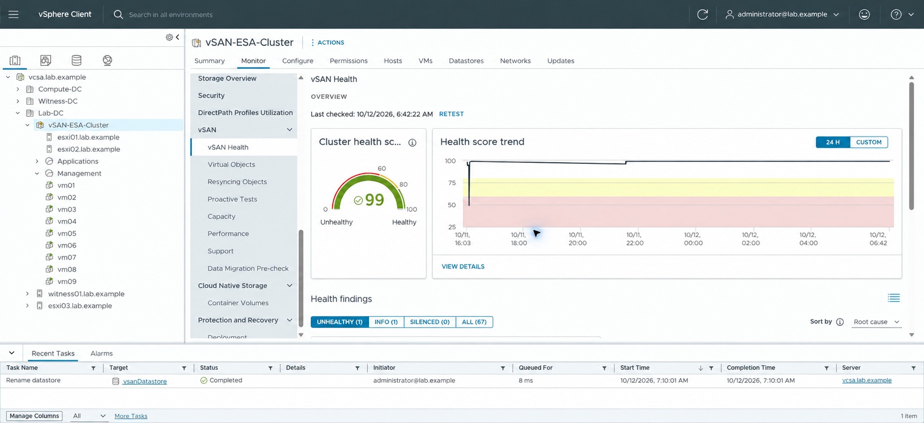 Two-node vSAN ESA cluster health overview: score 99, one unhealthy finding and one informational finding.